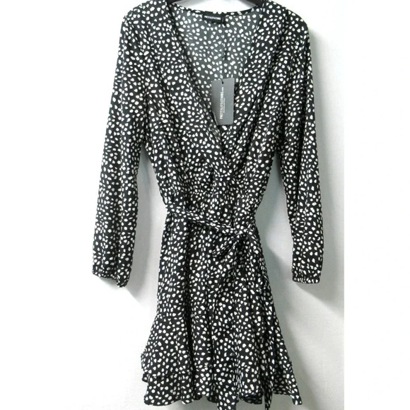 Pretty Little Thing Dalmation Print Dress Size 10 Wrap Long Sleeve Wrap Tea Belt - Picture 1 of 9
